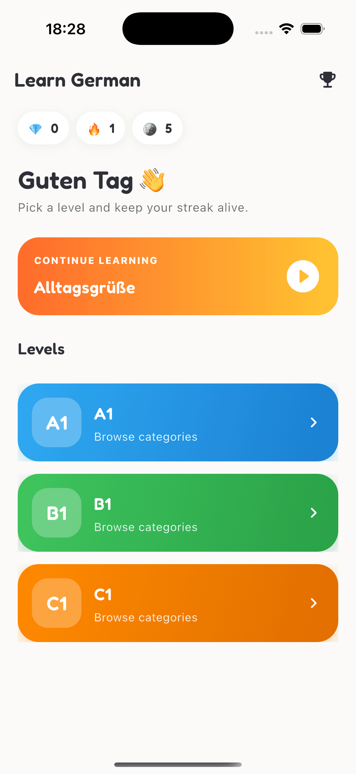 Detusy home screen showing levels, streak and daily lesson