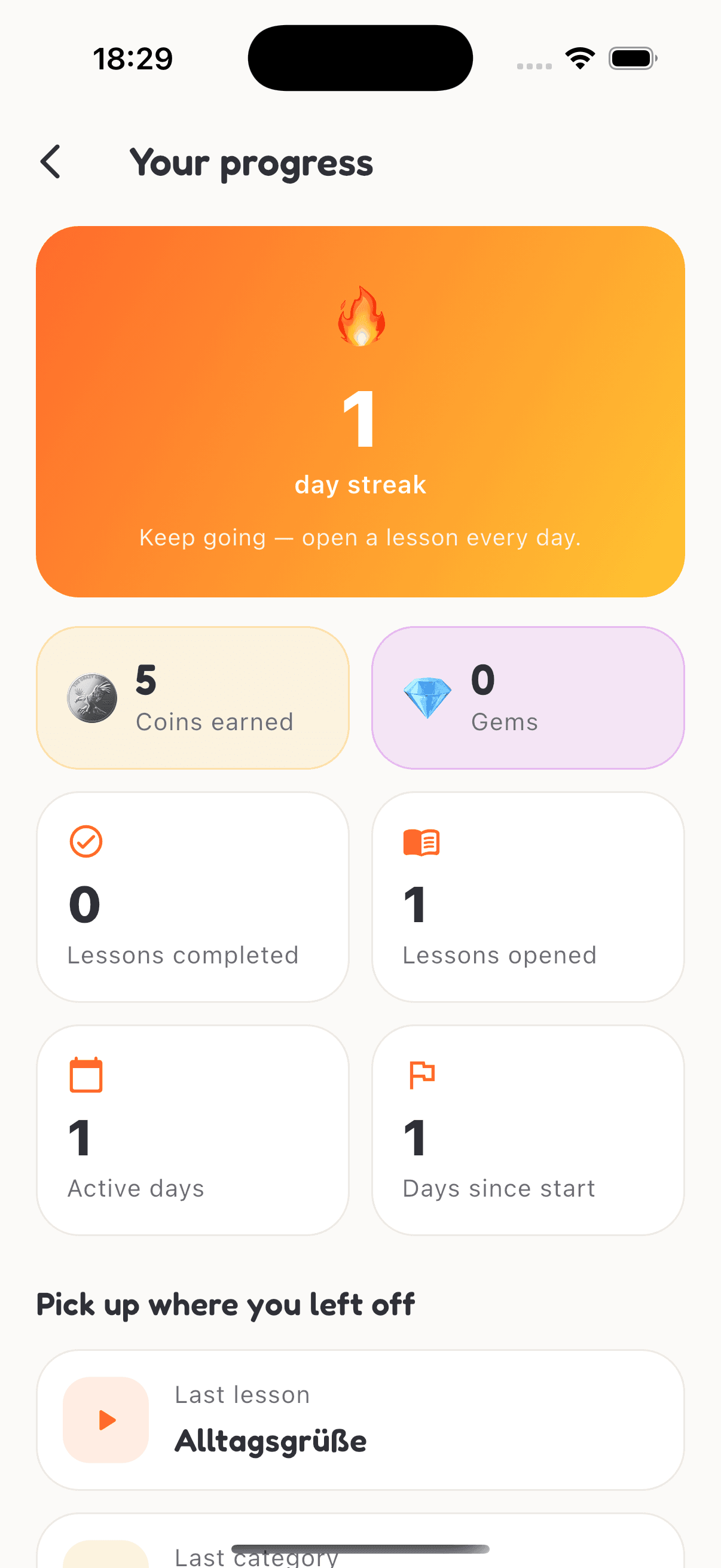 Detusy progress screen with streak, coins, gems and completed lessons
